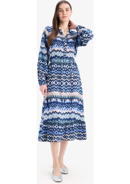 Regular Fit Desenli Bisiklet Yaka Uzun Kollu Midi Elbise D5447AX25SP