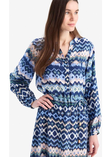 Regular Fit Desenli Bisiklet Yaka Uzun Kollu Midi Elbise D5447AX25SP