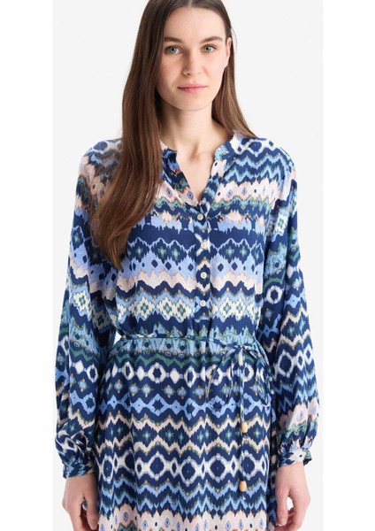 Regular Fit Desenli Bisiklet Yaka Uzun Kollu Midi Elbise D5447AX25SP