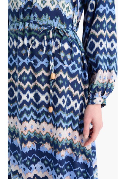 Regular Fit Desenli Bisiklet Yaka Uzun Kollu Midi Elbise D5447AX25SP
