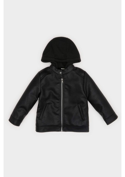 Erkek Bebek Kapüşonlu Pelüş Astar Fermuarlı Suni Deri Ceket