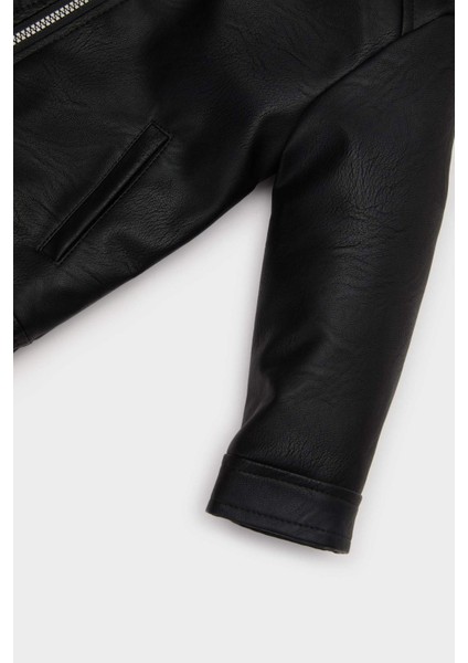 Erkek Bebek Kapüşonlu Pelüş Astar Fermuarlı Suni Deri Ceket