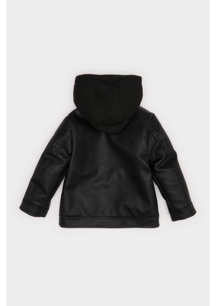 Erkek Bebek Kapüşonlu Pelüş Astar Fermuarlı Suni Deri Ceket