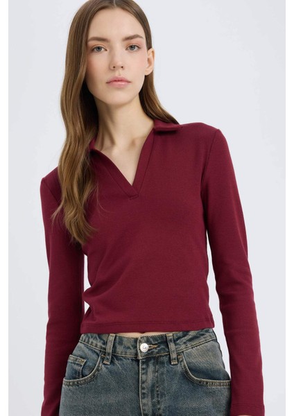 Fitted Polo Yaka Basic Düz Modal Uzun Kollu Tişört E7938AX25SP