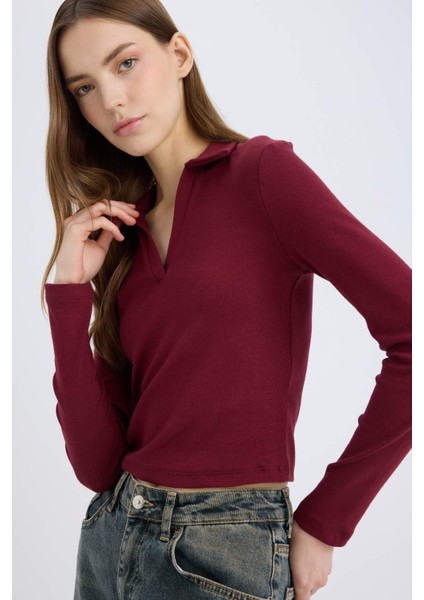 Fitted Polo Yaka Basic Düz Modal Uzun Kollu Tişört E7938AX25SP