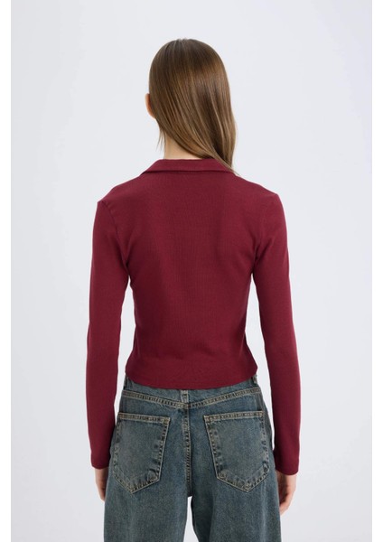 Fitted Polo Yaka Basic Düz Modal Uzun Kollu Tişört E7938AX25SP