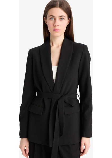 Regular Fit Kuşaklı Basic Düz Blazer Ceket E7346AX25SP