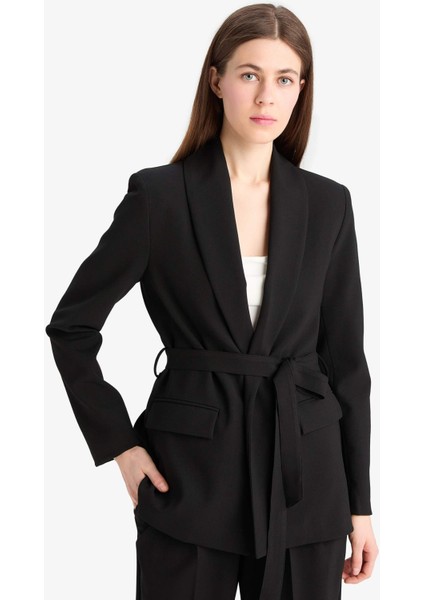 Regular Fit Kuşaklı Basic Düz Blazer Ceket E7346AX25SP