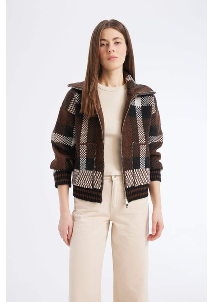 Regular Fit Kareli Fermuarlı Dik Yaka Triko Hırka E7733AX25SP