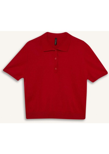 Regular Fit Polo Yaka Basic Düz Kısa Kollu Kırmızı Triko Kazak E3670AX25SM