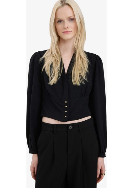 Fitted V Yaka Krep Uzun Kollu Bluz E6594AX25SP