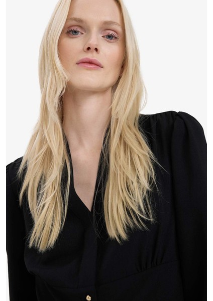 Fitted V Yaka Krep Uzun Kollu Bluz E6594AX25SP