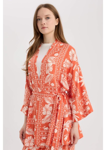 Relax Fit Desenli Kuşaklı Kimono D5443AX25SP