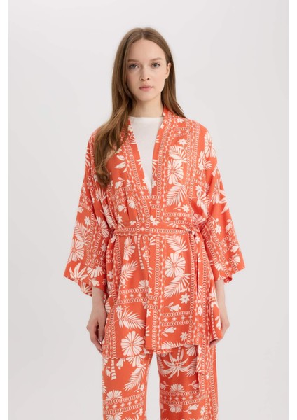 Relax Fit Desenli Kuşaklı Kimono D5443AX25SP