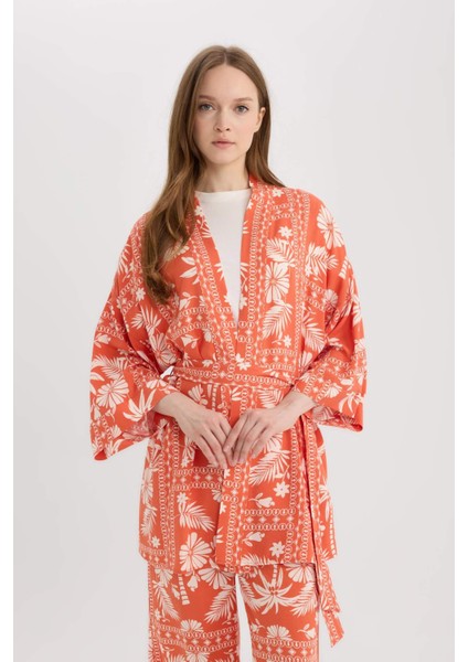 Relax Fit Desenli Kuşaklı Kimono D5443AX25SP