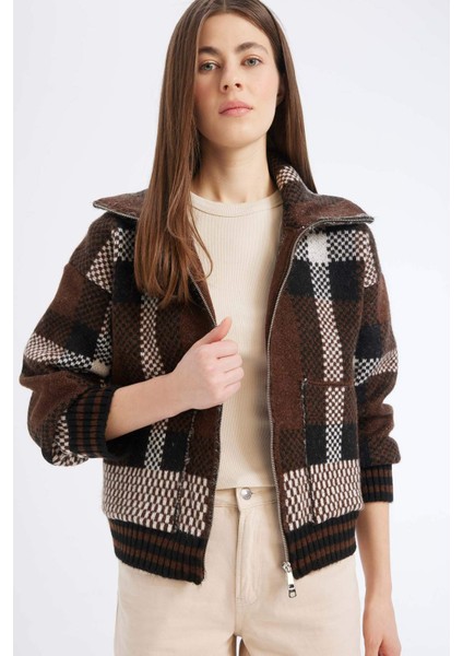 Regular Fit Kareli Fermuarlı Dik Yaka Triko Hırka E7733AX25SP