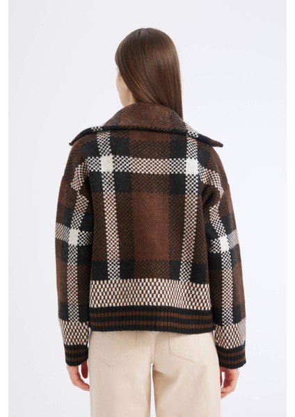 Regular Fit Kareli Fermuarlı Dik Yaka Triko Hırka E7733AX25SP