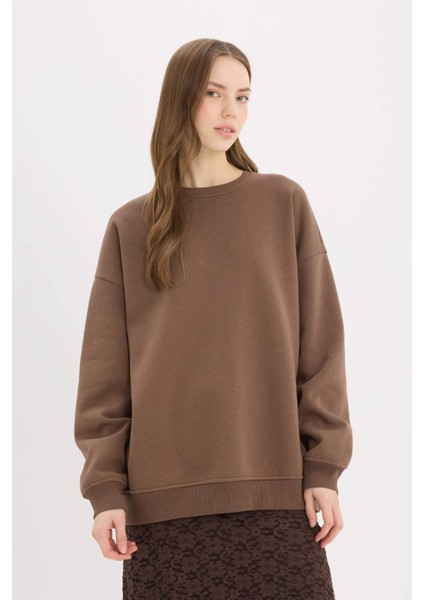 Oversize Geniş Kalıp Bisiklet Yaka Basic Düz Kalın Sweatshirt Y1346AZ25SP