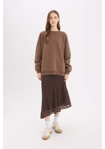 Oversize Geniş Kalıp Bisiklet Yaka Basic Düz Kalın Sweatshirt Y1346AZ25SP
