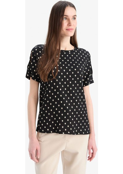 Regular Fit Bisiklet Yaka Desenli Bürümcük Kısa Kollu Tişört E7324AX25SM