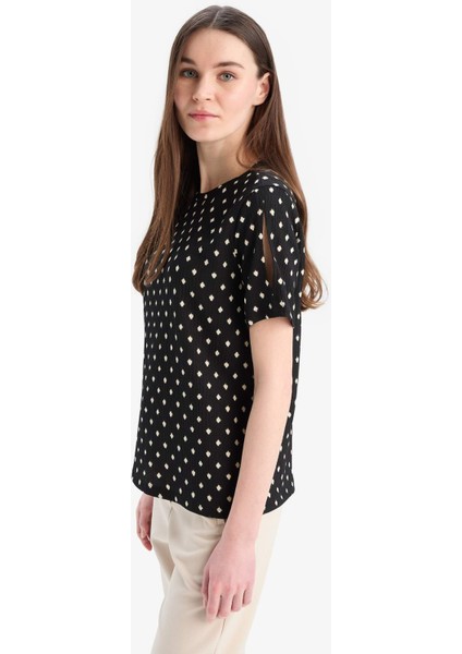 Regular Fit Bisiklet Yaka Desenli Bürümcük Kısa Kollu Tişört E7324AX25SM