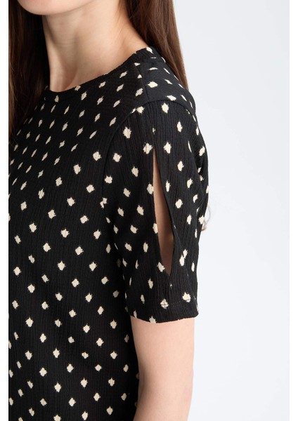 Regular Fit Bisiklet Yaka Desenli Bürümcük Kısa Kollu Tişört E7324AX25SM