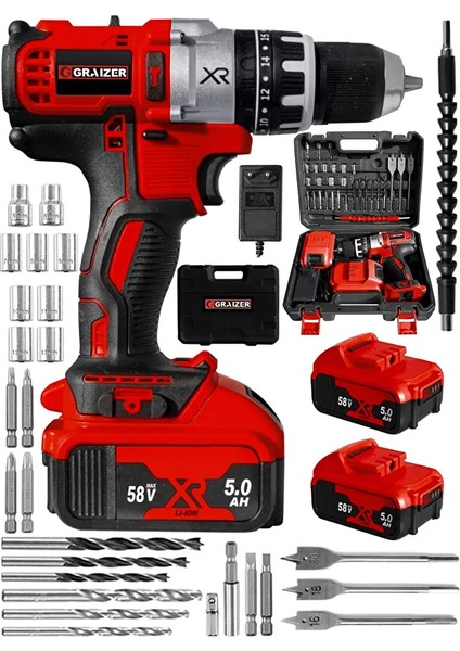 Alman 58 V 5 Ah Darbeli Bakır Sargili Metal Şanzuman Şarjlı Çift Akülü Vidalama Matkap