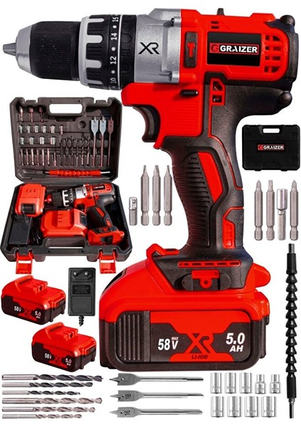 Alman 58 V 5 Ah Darbeli Bakır Sargili Metal Şanzuman Şarjlı Çift Akülü Vidalama Matkap fiyatları