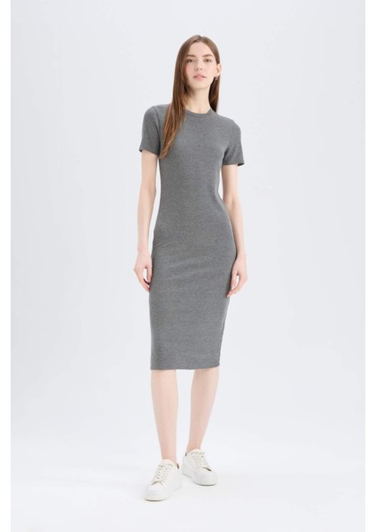 Bodycon Vücudu Saran Bisiklet Yaka Basic Düz Fitilli Kaşkorse Kısa Kollu Midi Elbise E6926AX25SP