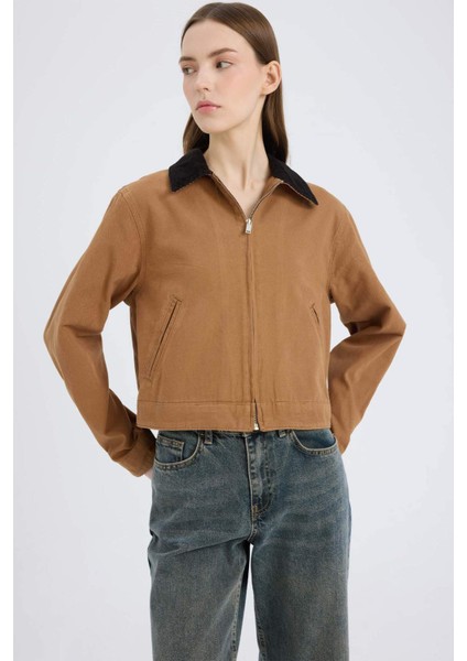 Regular Fit Kontrast Yakalı Fermuarlı Cepli Pamuklu Ceket Mont E6260AX25SP