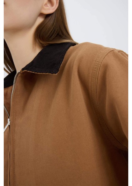 Regular Fit Kontrast Yakalı Fermuarlı Cepli Pamuklu Ceket Mont E6260AX25SP