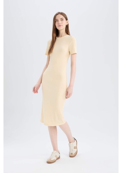 Bodycon Vücudu Saran Bisiklet Yaka Fitilli Kaşkorse Kısa Kollu Midi Elbise E6926AX25SP