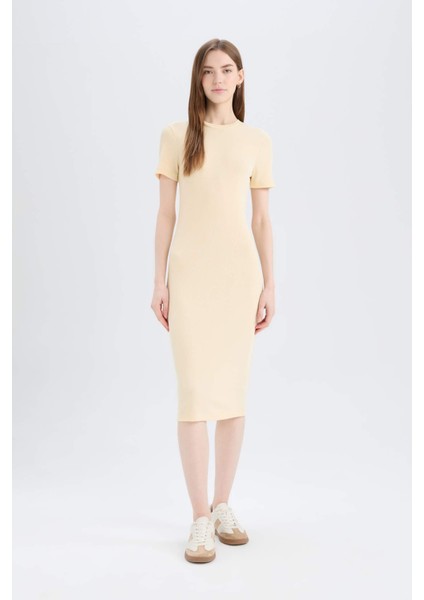 Bodycon Vücudu Saran Bisiklet Yaka Fitilli Kaşkorse Kısa Kollu Midi Elbise E6926AX25SP