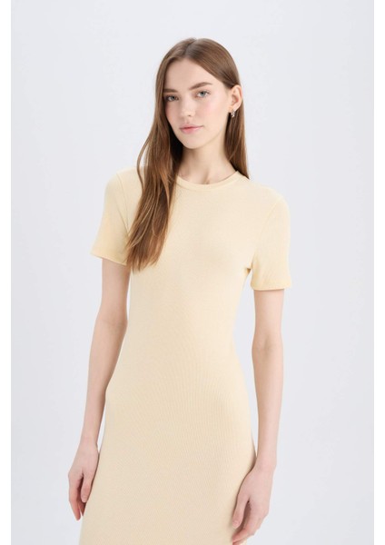 Bodycon Vücudu Saran Bisiklet Yaka Fitilli Kaşkorse Kısa Kollu Midi Elbise E6926AX25SP