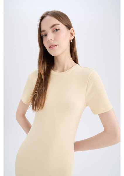 Bodycon Vücudu Saran Bisiklet Yaka Fitilli Kaşkorse Kısa Kollu Midi Elbise E6926AX25SP