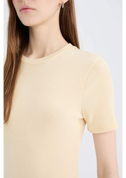 Bodycon Vücudu Saran Bisiklet Yaka Fitilli Kaşkorse Kısa Kollu Midi Elbise E6926AX25SP