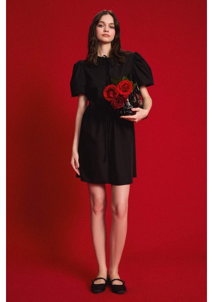 A Kesim Bisiklet Yaka Bağcıklı Poplin Kısa Kollu Midi Abiye Elbise E7332AX25SP