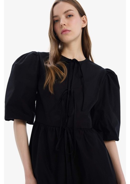 A Kesim Bisiklet Yaka Bağcıklı Poplin Kısa Kollu Midi Abiye Elbise E7332AX25SP