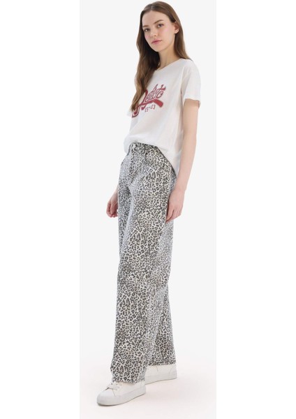 Baggy Fit Gabardin Pantolon Yüksek Bel Leopar Desenli Standart Boy D8149AX25SP
