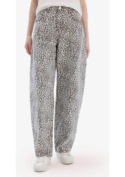 Baggy Fit Gabardin Pantolon Yüksek Bel Leopar Desenli Standart Boy D8149AX25SP