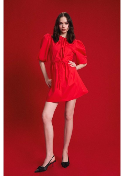 A Kesim Bisiklet Yaka Bağcıklı Poplin Kısa Kollu Midi Abiye Elbise E7332AX25SP