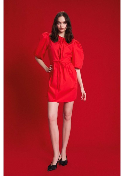 A Kesim Bisiklet Yaka Bağcıklı Poplin Kısa Kollu Midi Abiye Elbise E7332AX25SP