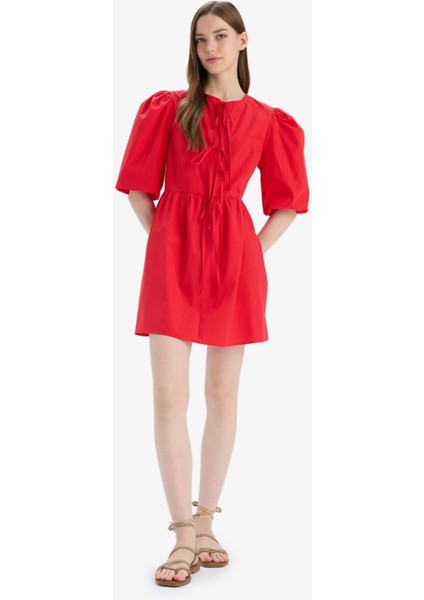 A Kesim Bisiklet Yaka Bağcıklı Poplin Kısa Kollu Midi Abiye Elbise E7332AX25SP