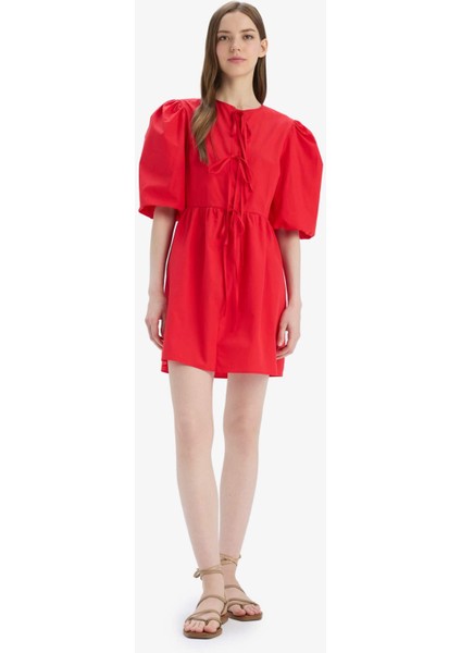 A Kesim Bisiklet Yaka Bağcıklı Poplin Kısa Kollu Midi Abiye Elbise E7332AX25SP