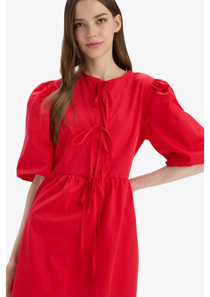 A Kesim Bisiklet Yaka Bağcıklı Poplin Kısa Kollu Midi Abiye Elbise E7332AX25SP