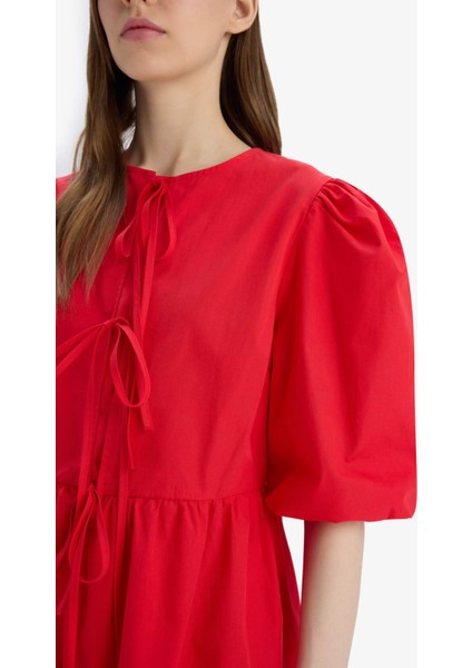 A Kesim Bisiklet Yaka Bağcıklı Poplin Kısa Kollu Midi Abiye Elbise E7332AX25SP