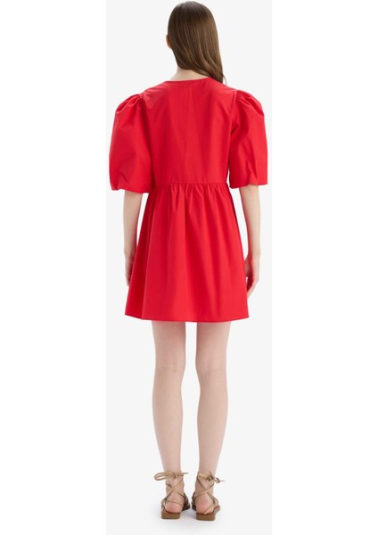 A Kesim Bisiklet Yaka Bağcıklı Poplin Kısa Kollu Midi Abiye Elbise E7332AX25SP