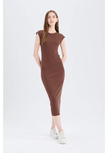 Bodycon Vücudu Saran Bisiklet Yaka Ribana Kısa Kollu Midi Elbise D5220AX25SP