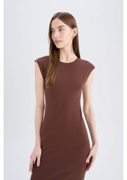 Bodycon Vücudu Saran Bisiklet Yaka Ribana Kısa Kollu Midi Elbise D5220AX25SP