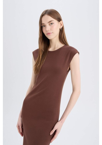 Bodycon Vücudu Saran Bisiklet Yaka Ribana Kısa Kollu Midi Elbise D5220AX25SP